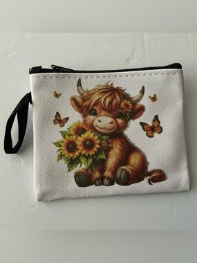 Cute Brown Calf Sunflower Zip Coin Purse